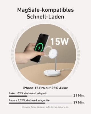 Kompaktes Anker MagGo 15W Magsafe Ladegerät für schnelles, kabelloses Laden