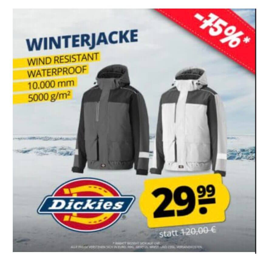 Dickies Waterproof 10000mm 5000g/m² Herren Winterjacke – 75% Rabatt