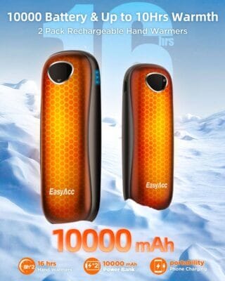 Leistungsstarker Handwärmer mit 10000mAh Akku für langanhaltende Wärme unterwegs.