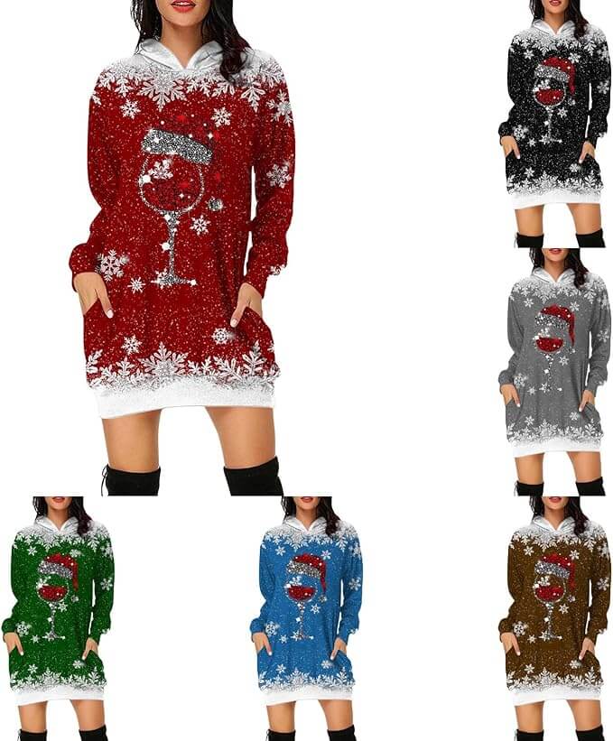 Weihnachts Pullover Kleid für Damen mit Kapuze – 50% Rabatt