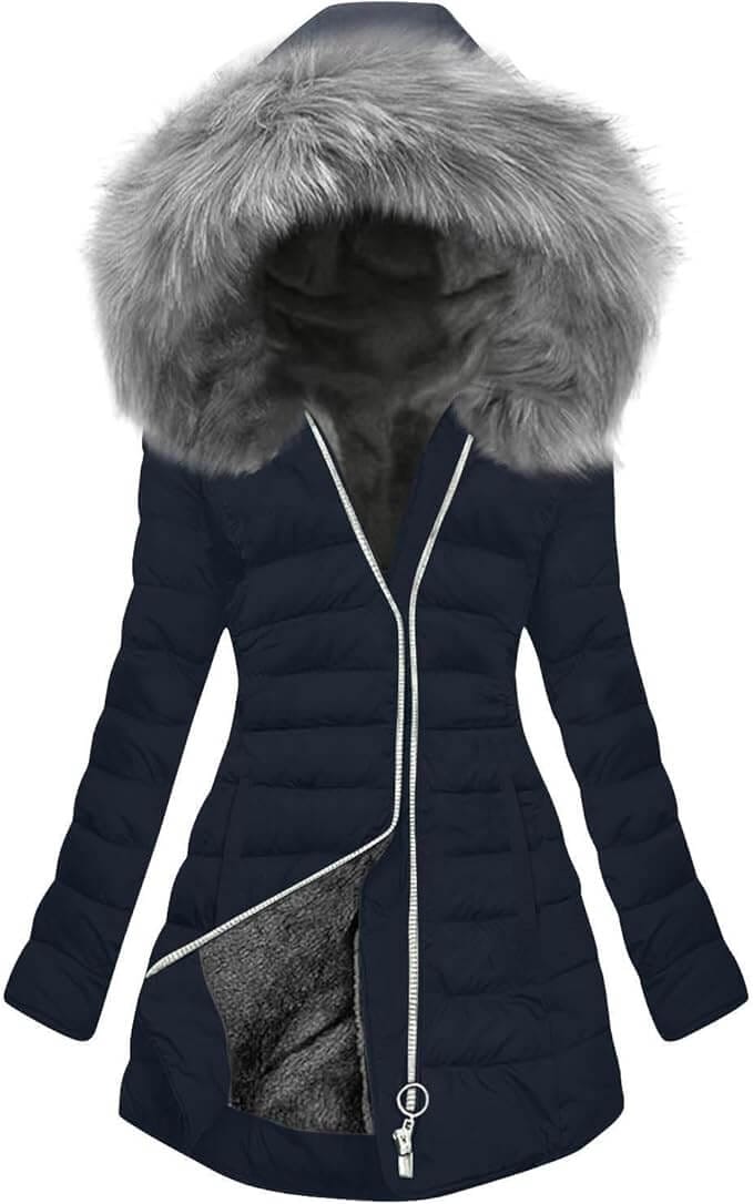 Winterjacke für Damen mit pelzbesetzter Kapuze – 50% Rabatt