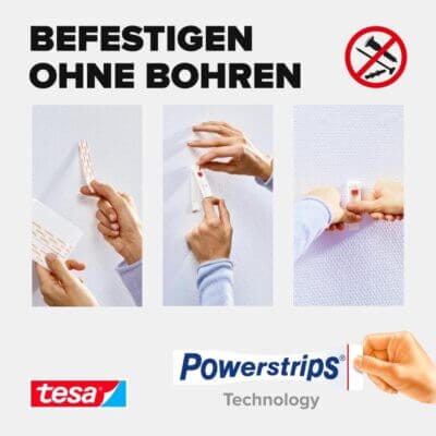 Die tesa Powerstrips Tapete und Putz ermöglichen starke Haftung