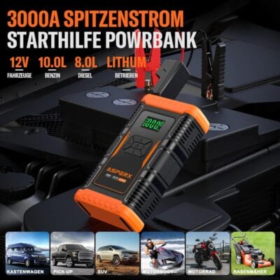 ASPERX Starthilfe Powerbank mit Kompressor