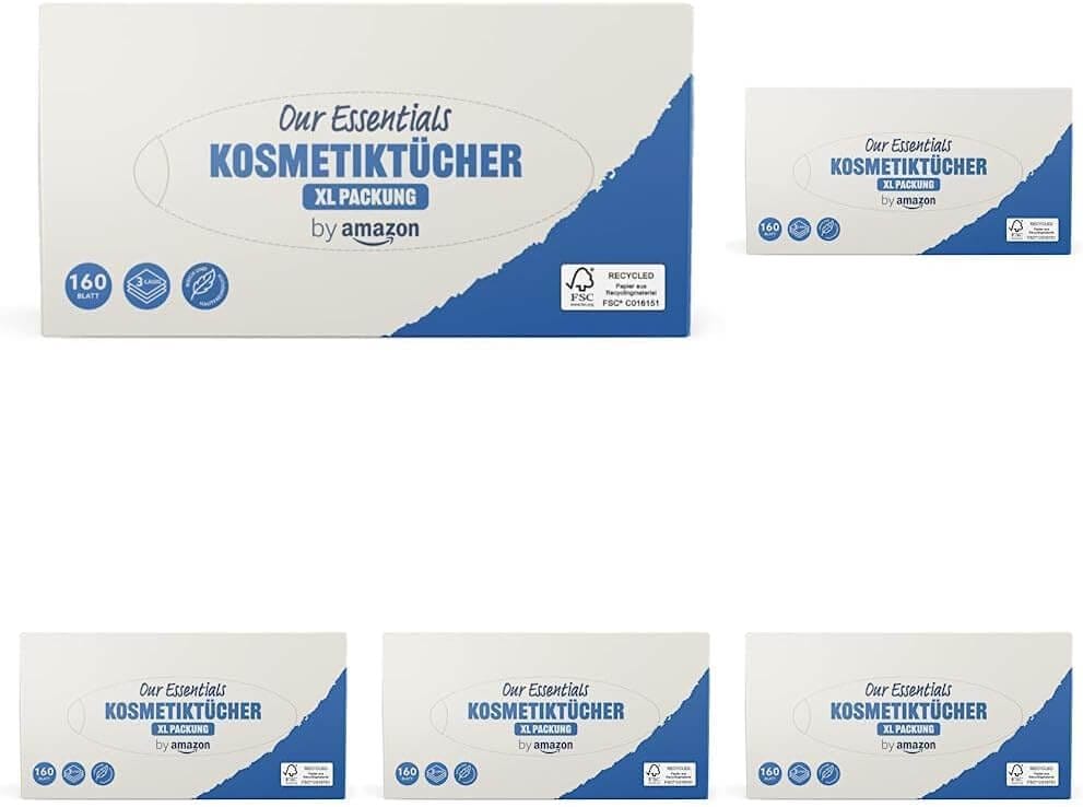 Kosmetiktücher by Amazon  3-lagig – 160 Tücher XL, 5 Packungen – 6,98 €