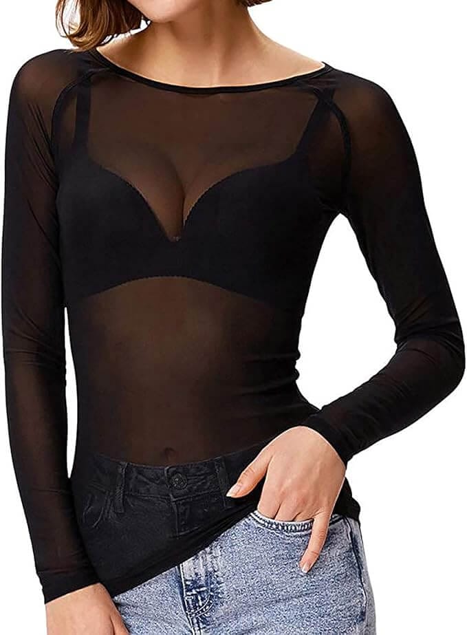 Damen Mesh Langarm Oberteil aus Spitze – 50% Rabatt