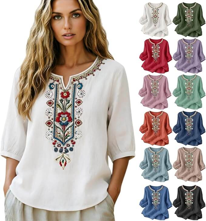 Damen Leinenbluse mit schicken Stickereien – 50% Rabatt